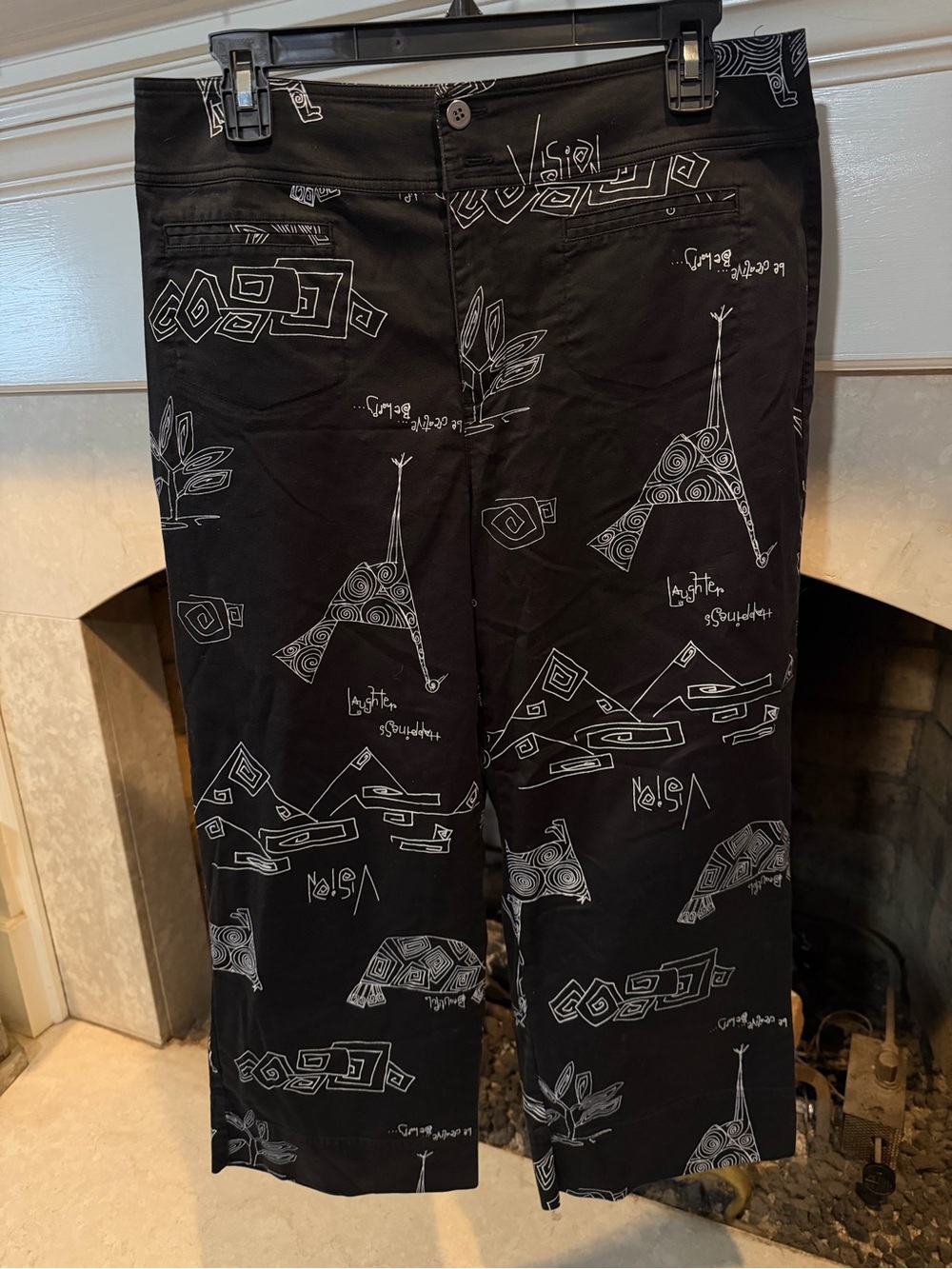 Chico's Black Chino Pants with White Graphic Print size 12